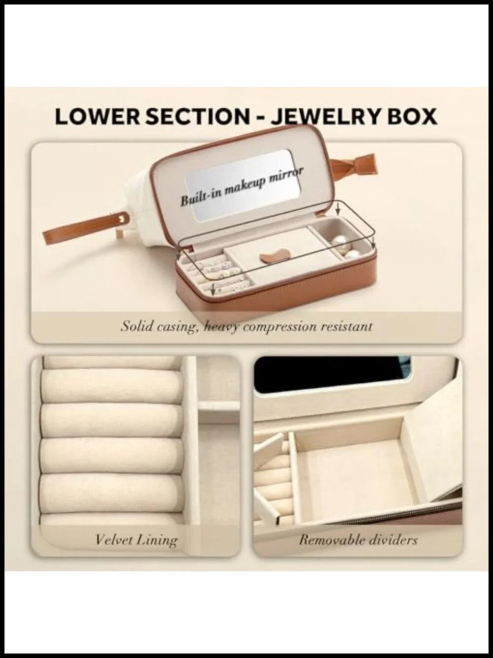 2-in-1 Jewelry Box and Makeup Bag with Mirror, Waterproof PU Leather Travel